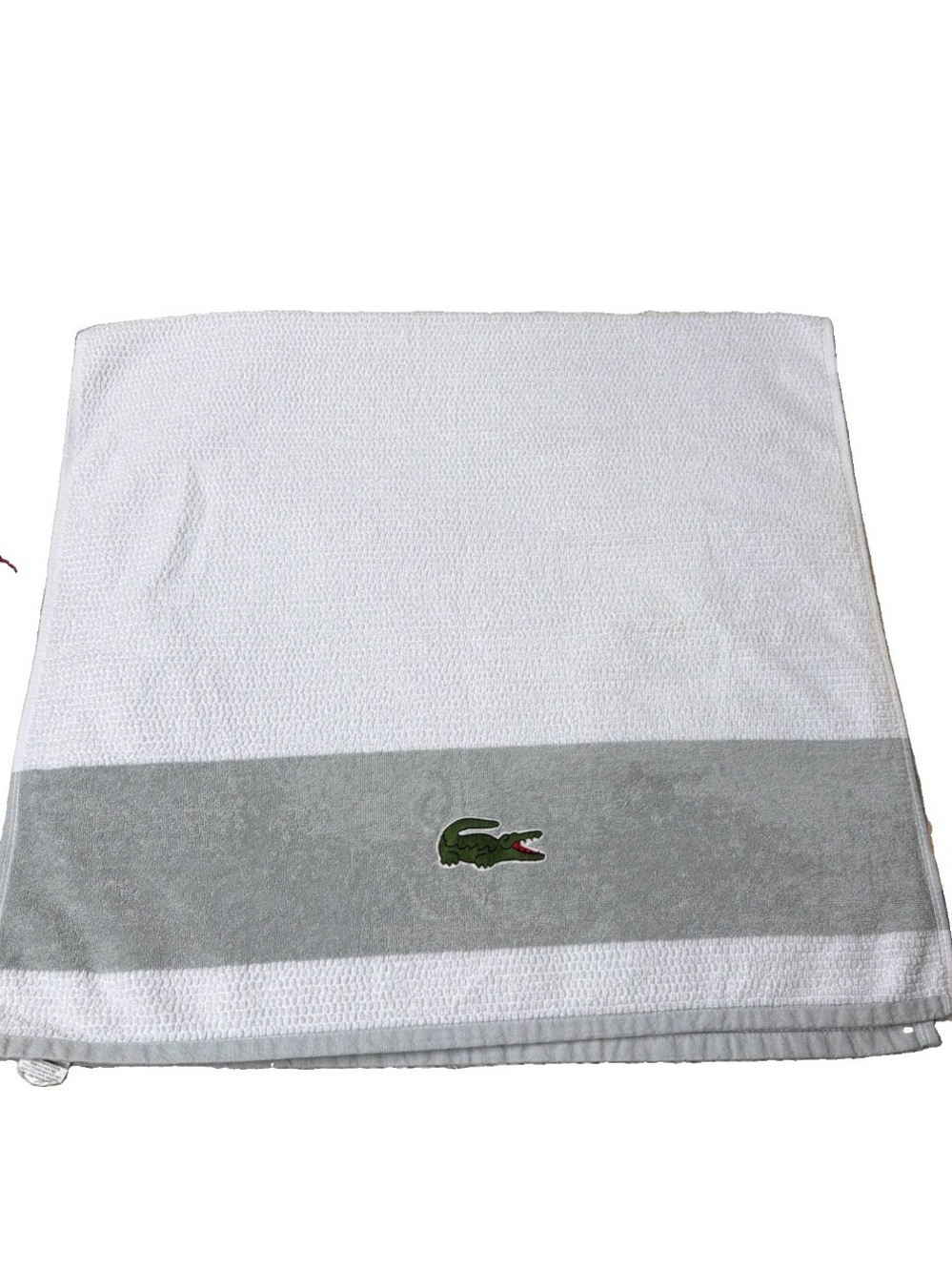 Lacoste White Towel with Gray Band and Green Crocodile Embroidery 100% Cotton
